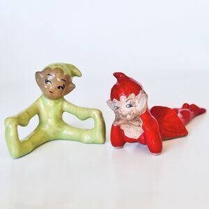 VTG (Gilner Pottery?) Green Red Ceramic Pixie Elf Elves Lot Christmas Retro